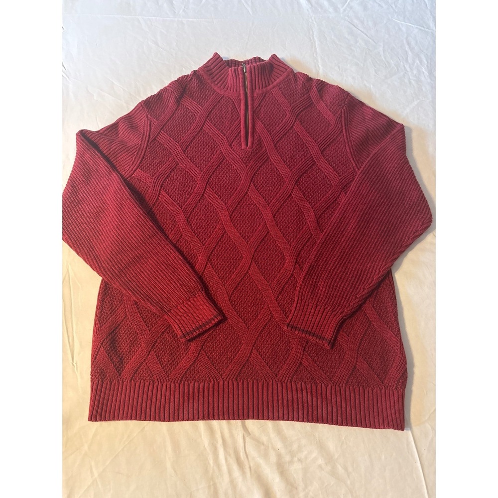 Tommy Bahama Quarter Zip Sweater Mens M Red Diamond Cable Knit Cotton